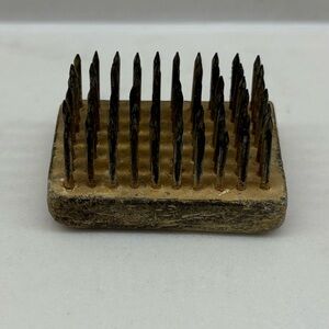 Vintage Oblong Metal Flower Frog Patina Original Box Ikebana Made in Japan